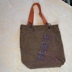 Vintage PEACE Embroidery Brown Tote Bag Global Design Concepts- Groovy!
